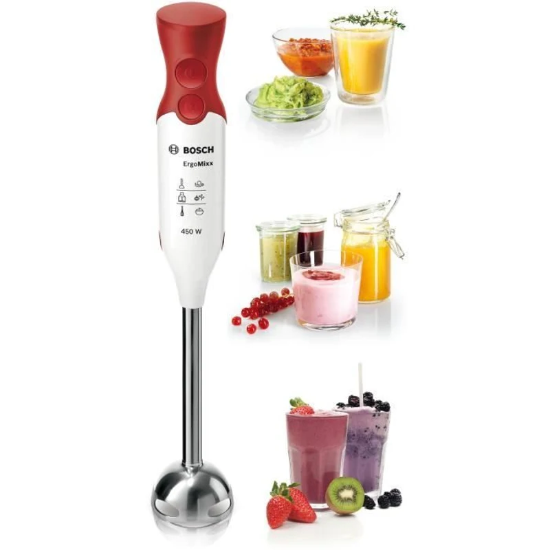 Mixeur plongeant BOSCH ErgoMixx MSM64110 - 450W - Pied inox - 4 lames aiguisées - 2 vitesses - Bol gradué 600ml - blanc/rouge