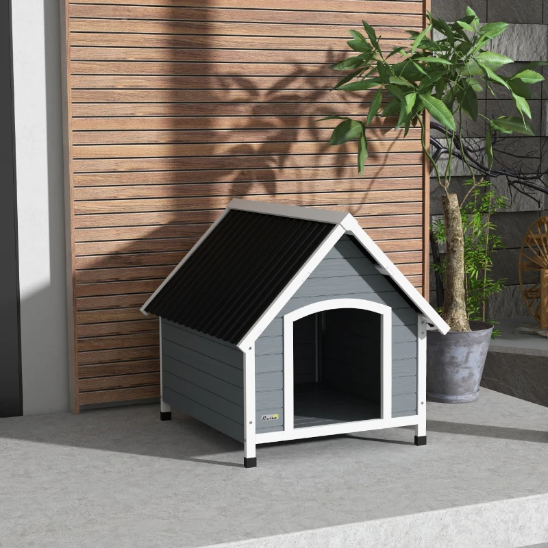 PawHut Casota Elevada em Pinho para Cães com Piso Removível 84x99x87 cm Cinza