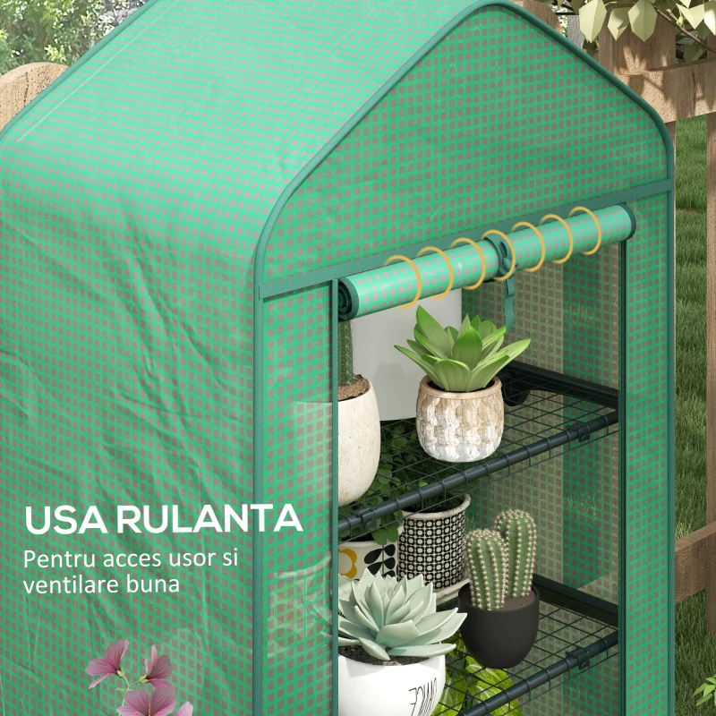 Outsunny Seră de Grădină în 4 Niveluri cu Ușă Rulantă, Seră Mica din Metal & PE, 69x49x158 cm, Verde Închis