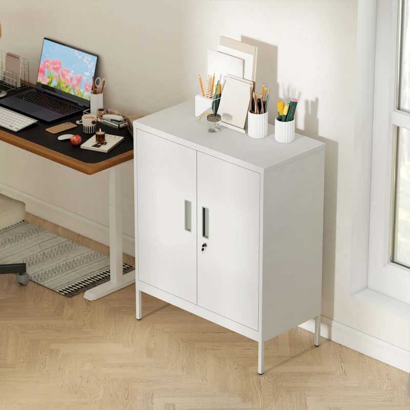 HOMCOM Armadietto da Ufficio in Acciaio a 2 Ripiani Regolabili con Serratura e 2 Chiavi, 80x40x100 cm, Bianco