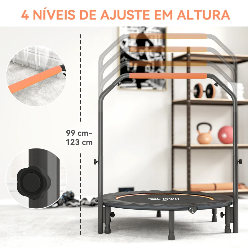 HOMCOM Trampolim Fitness Ø114 Trampolim Dobrável com Pega Ajustável em 4 Níveis Estrutura de Aço Preto e Laranja
