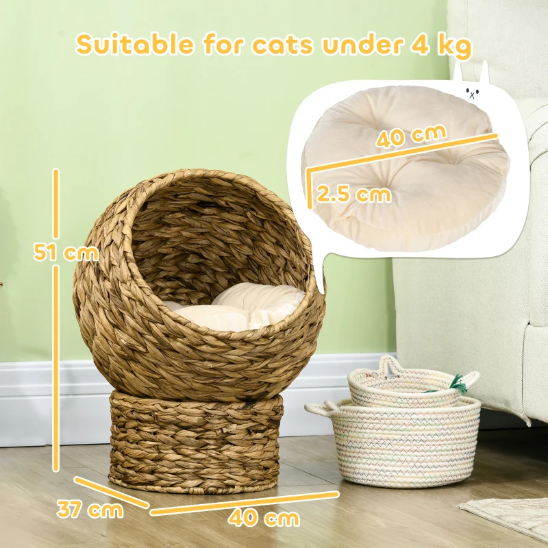 PawHut Woven Banana Leaf Elevated Cat Bed Wicker Kitten Basket Pet Den. House Cosy Cave with Soft Cushion Dome 42x33x52cm Brown