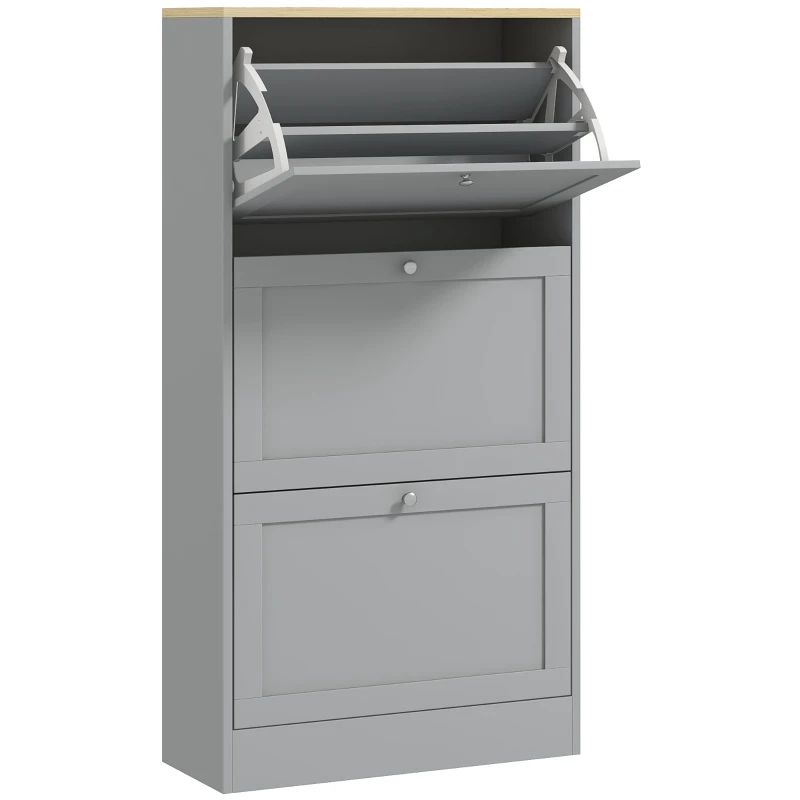 HOMCOM Armário para Sapatos 18 Pares com 3 Portas Abatíveis e Prateleiras Reguláveis 60x23,5x115 cm Cinza