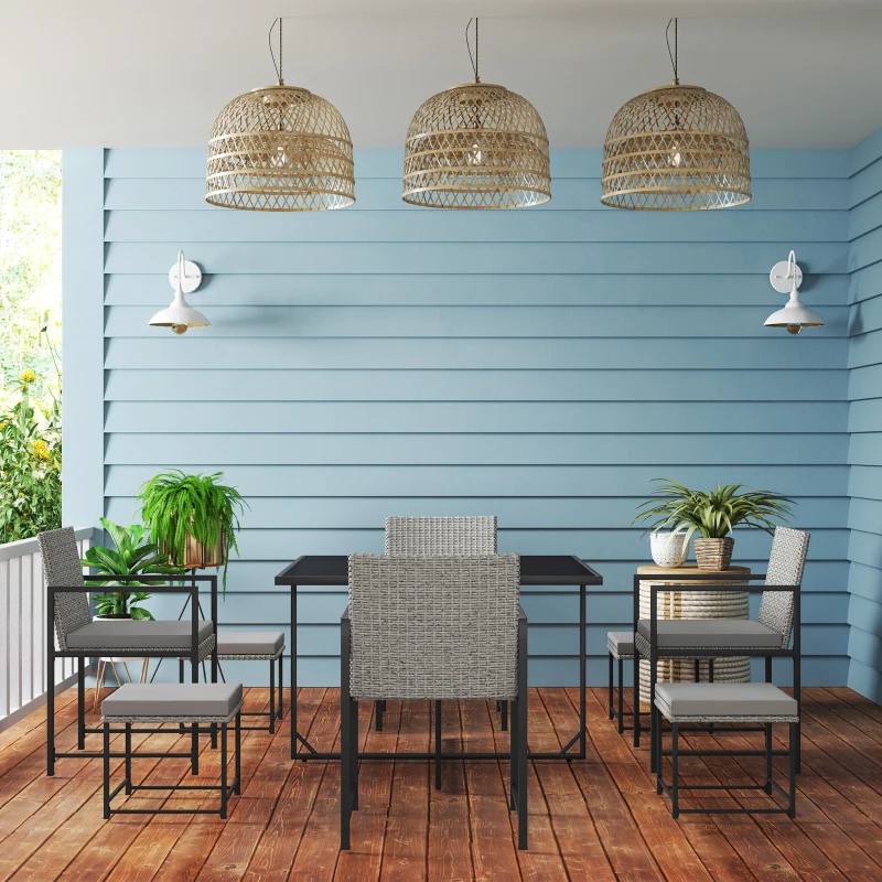 Outsunny Conjunto de Jardim Exterior em Resina Trançada 8 Lugares com Almofadas e Tampo em Vidro Temperado Cinza