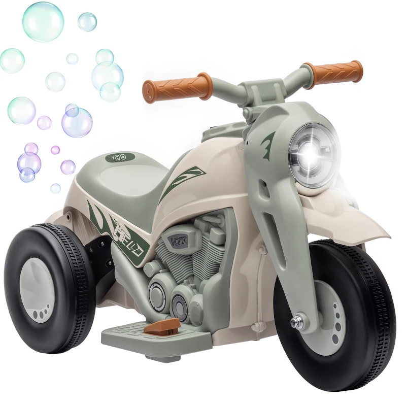 AIYAPLAY Moto Elétrica Infantil 2-5 Anos 3 Rodas 6V Bolhas Luzes e Sons 80x36x43,5 cm Creme e Verde