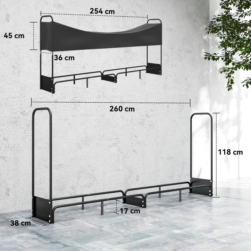 Outsunny Suporte para Lenha Exterior 260x38x118 cm Capa Impermeável 600D 300 Kg Preto