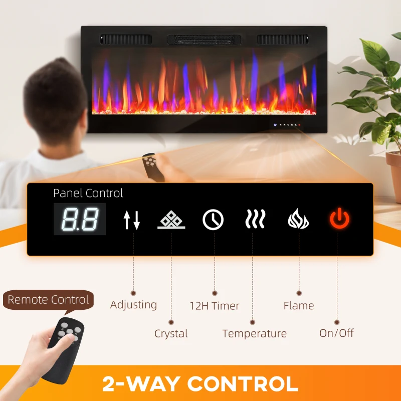 HOMCOM Elektrischer Kamin, Wandmontage, verstellbare Flammen, Thermostat, Timer, Stahl, Schwarz
