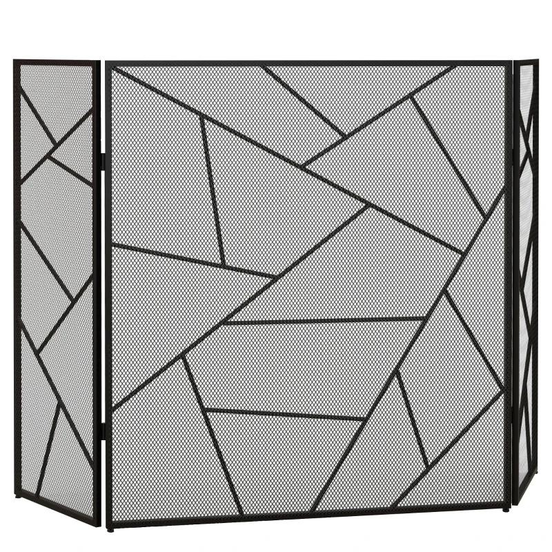 HOMCOM Frente para Lareira Dobrável de 3 Painéis em Aço com Decoração Geométrica e Pés Antiderrapantes 135x85 cm Preto