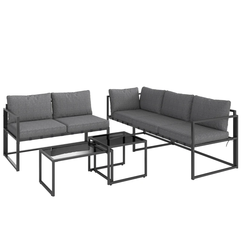 Outsunny Conjunto de Jardim Exterior de Canto 4 Peças com 2 Sofás e 2 Mesas de Centro Encaixáveis em Vidro Temperado Cinza