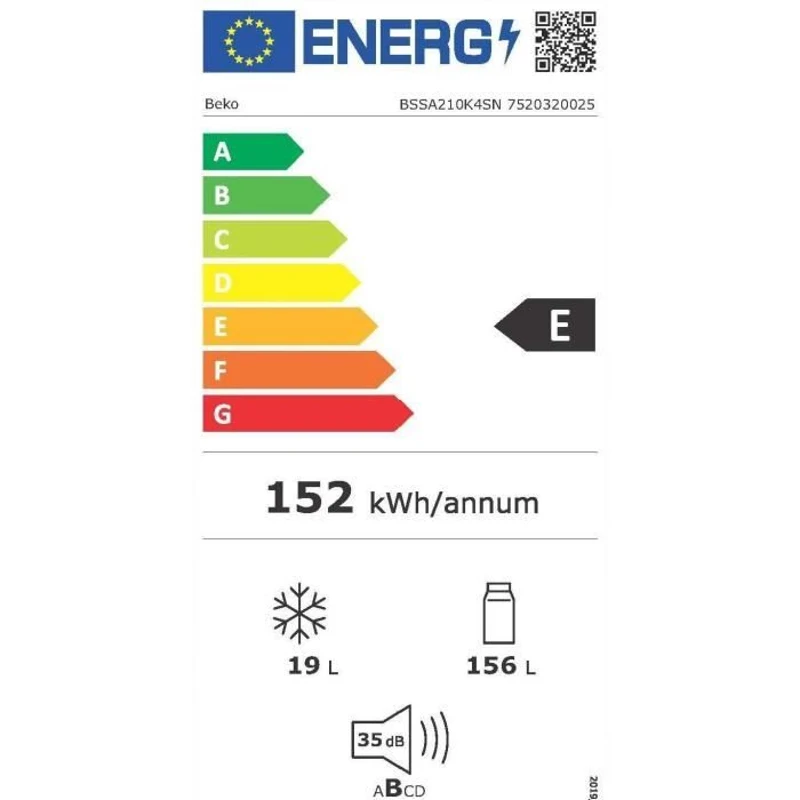 Réfrigérateur - BEKO - BSSA210K4SN - 1 porte - Intégrable - 175 L (156 L + 19 L) - Largeur 54 cm - Froid statique - Classe E