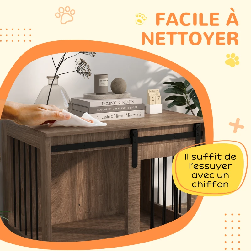 PawHut Gaiola para Cães 2 em 1 Gaiola com Efeito Madeira e Porta Deslizante 80x54x57 cm Cor Nogueira e Preto