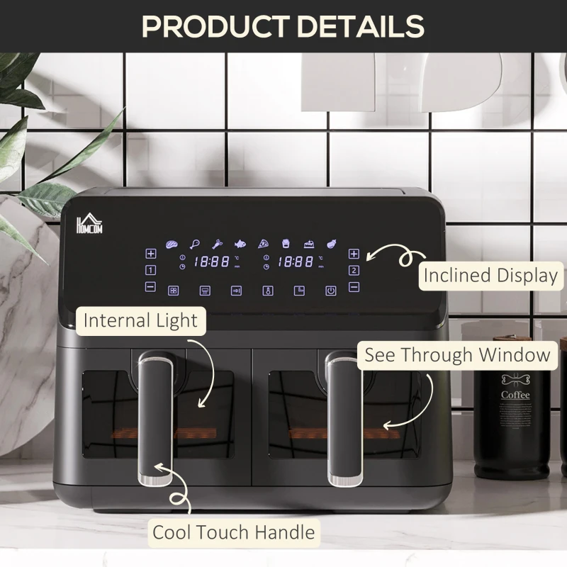 HOMCOM 8L Family Size Air Fryer Oven with Dual Baskets, Digital Air Fryer with 8 Presets, Recipe Cookbook, 60-Minute Timer for Oil Free & Low Fat Healthy Cooking, 2500W, Black