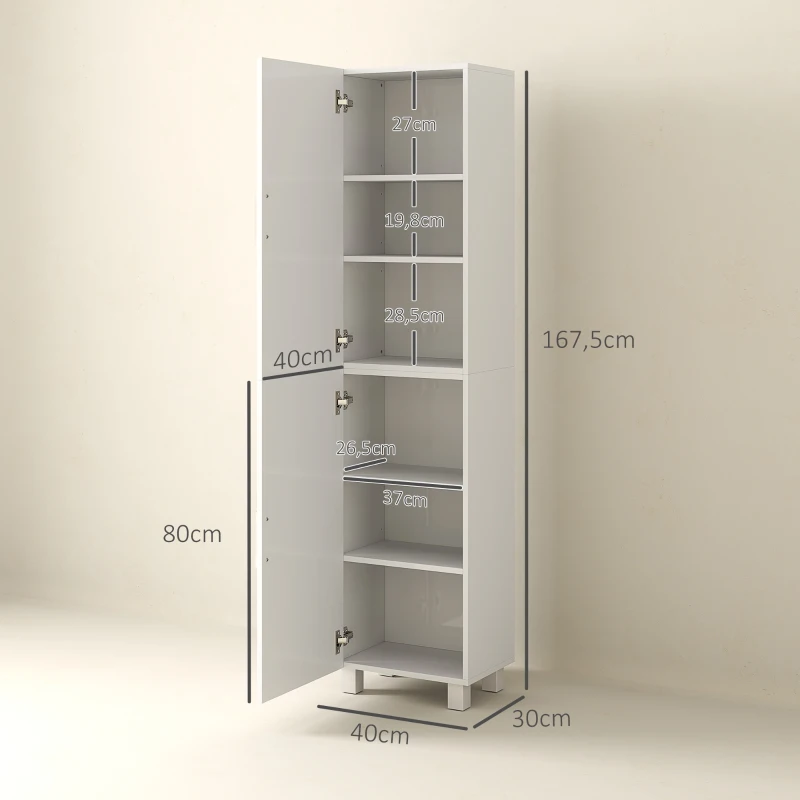 HOMCOM Coluna de Casa de Banho com 2 Portas e Prateleiras Ajustáveis 40x30x167,5 cm Branco