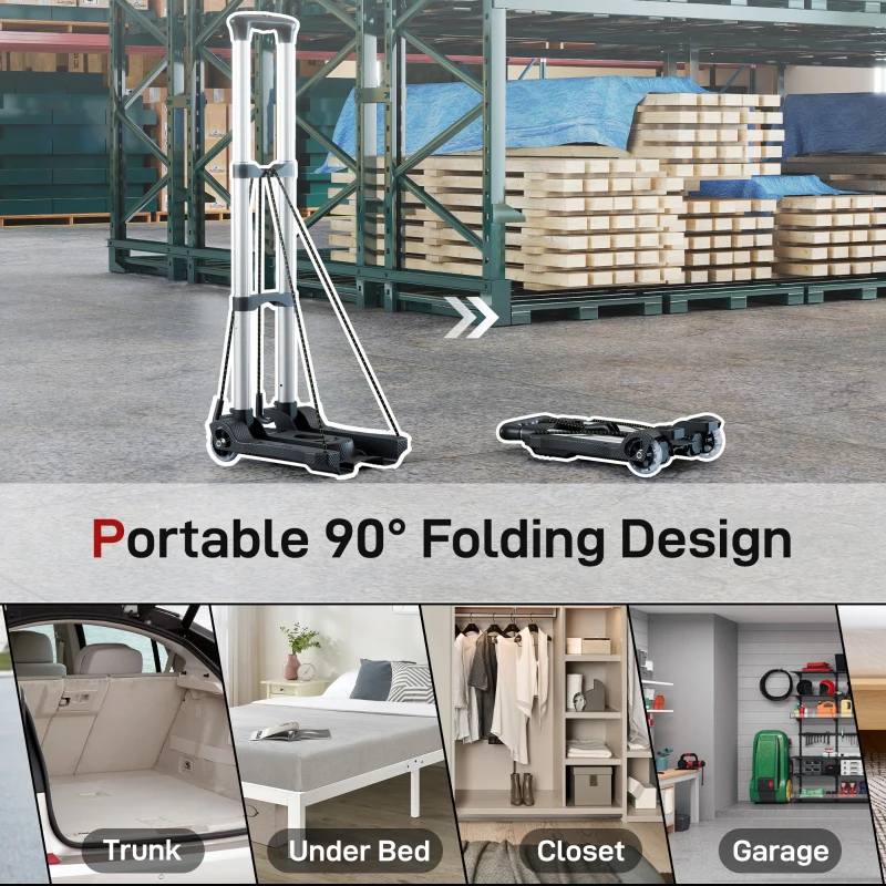 HOMCOM Cărucior portbagaj pliabil de 40 kg cu 2 curele, mâner telescopic, din aluminiu și plastic, negru