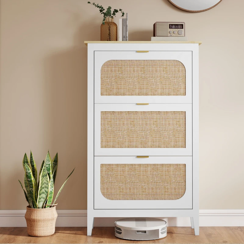 HOMCOM Sapateira Boho 21 Pares 3 Gavetas Basculantes Portas em Vime 80x24x131 cm Branco