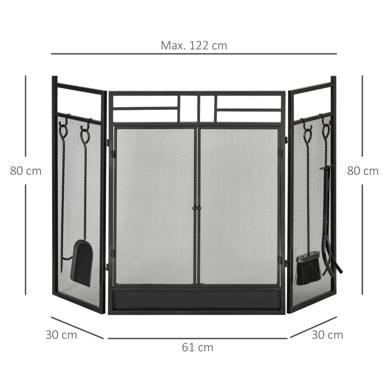 HOMCOM Frente para Lareira de 3 Painéis 2 em 1 com Acessórios Estrutura de Metal 122x80 cm Preto