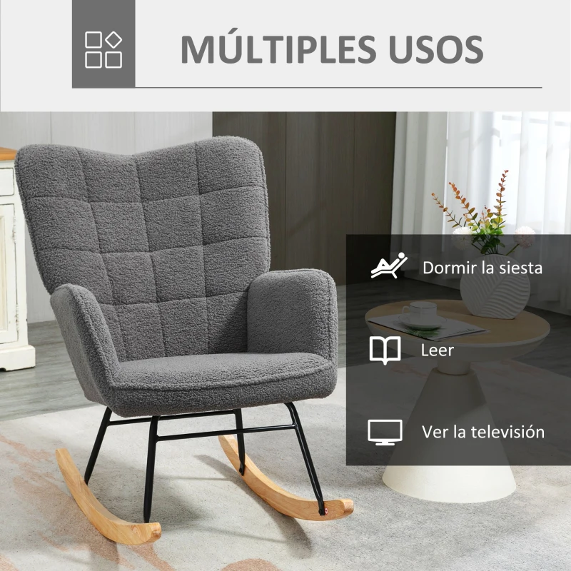HOMCOM Silla Mecedora de Borreguito Sillón Balancín 40° con Patas de Madera de Haya Carga 120 kg 71x98x101 cm Gris Oscuro