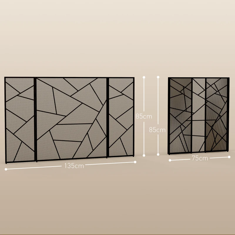 HOMCOM Frente para Lareira Dobrável de 3 Painéis em Aço com Decoração Geométrica e Pés Antiderrapantes 135x85 cm Preto