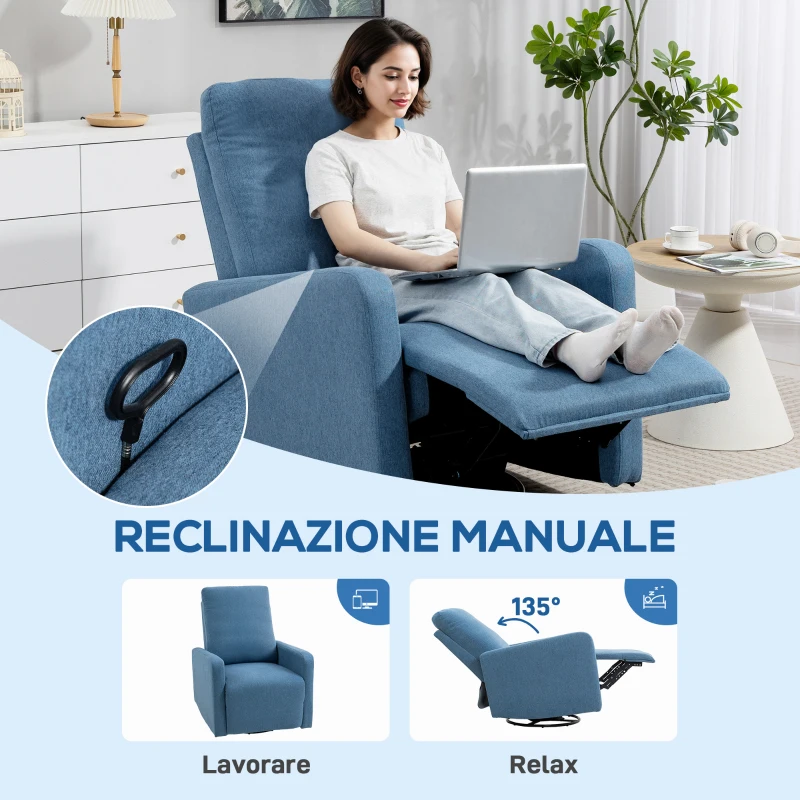 HOMCOM Poltrona Relax Reclinabile Manualmente a 135°, Girevole a 360° con Funzione Dondolo, Blu