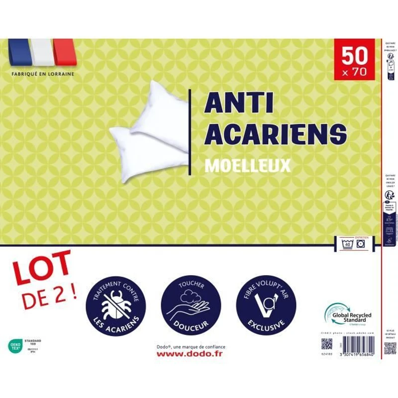 Lot de 2 Oreillers DODO - Anti-Acariens - 50 x 70 cm - 100% Polyester - Blanc