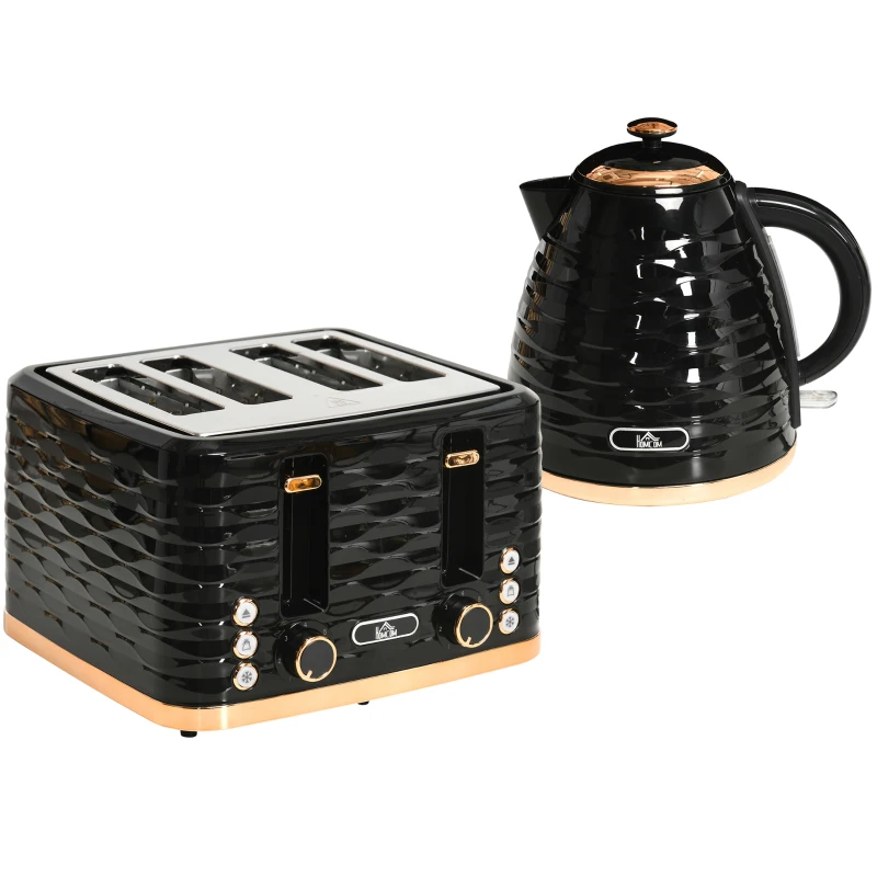 HOMCOM Kettle and Toaster Sets, 3000W 1.7L Rapid Boil Kettle & 4 Slice Toaster with 7 Browning Controls, Defrost, Reheat and Crumb Tray, Otter thermostat, Black(m-1)