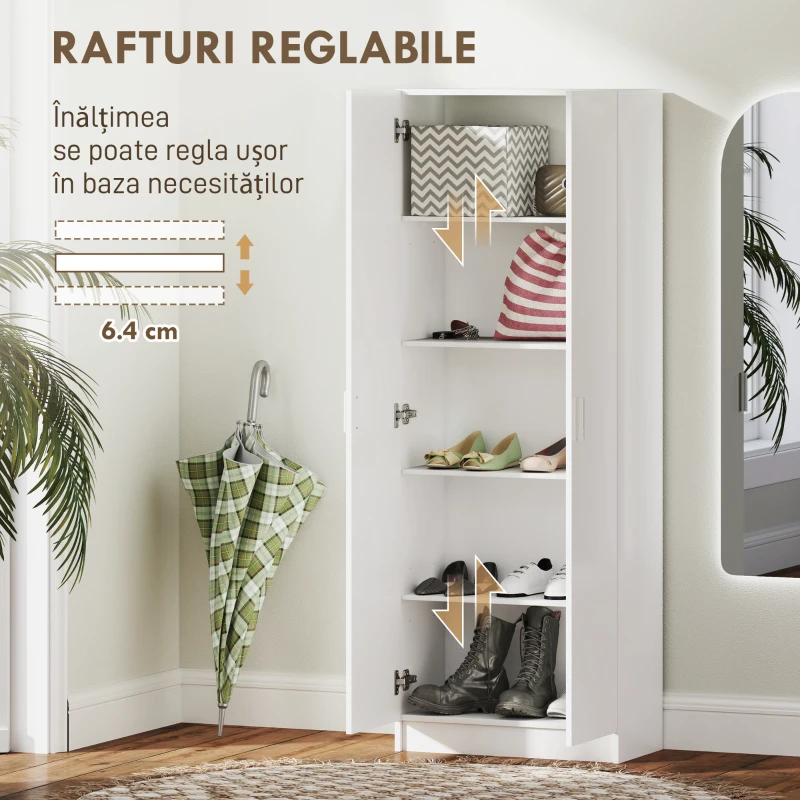HOMCOM Dulap Multifuncțional cu Uși Batante, 5 Rafturi și 3 Niveluri Reglabile, 60x31,5x165 cm, Alb