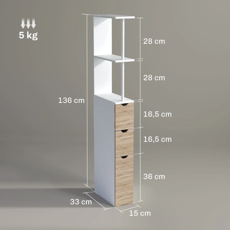 HOMCOM Coluna para Casa de Banho Armário com Gavetas e Prateleiras 15x33x136 cm Branco