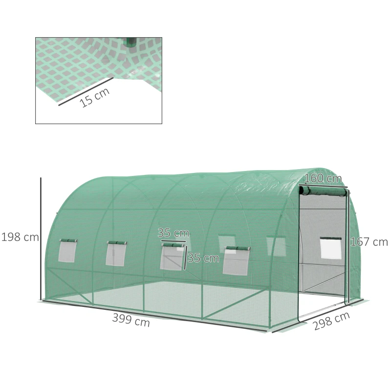 Outsunny Estufa Túnel 4x3x2 m 12 m² Aço Reforçado + Pe 140 g/m² 8 Janelas Porta Enrolável Verde