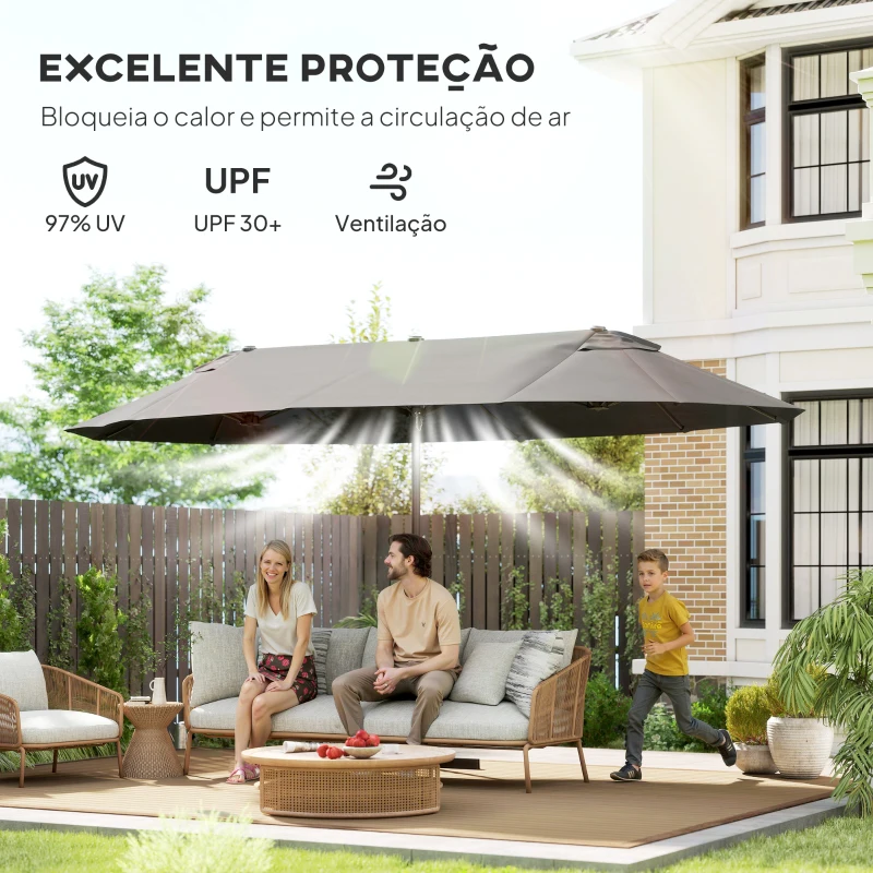 Outsunny Chapéu de Sol Duplo 4,55x2,65x2,38 m Chapéu de Sol de Jardim com Manivela Manual com Proteção Solar UV Cinza
