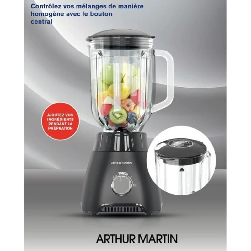 Blender - ARTHUR MARTIN - AMPB40 -Bol en verre gradué 1,5L - 400W - 2 vitesses + pulse - Gris