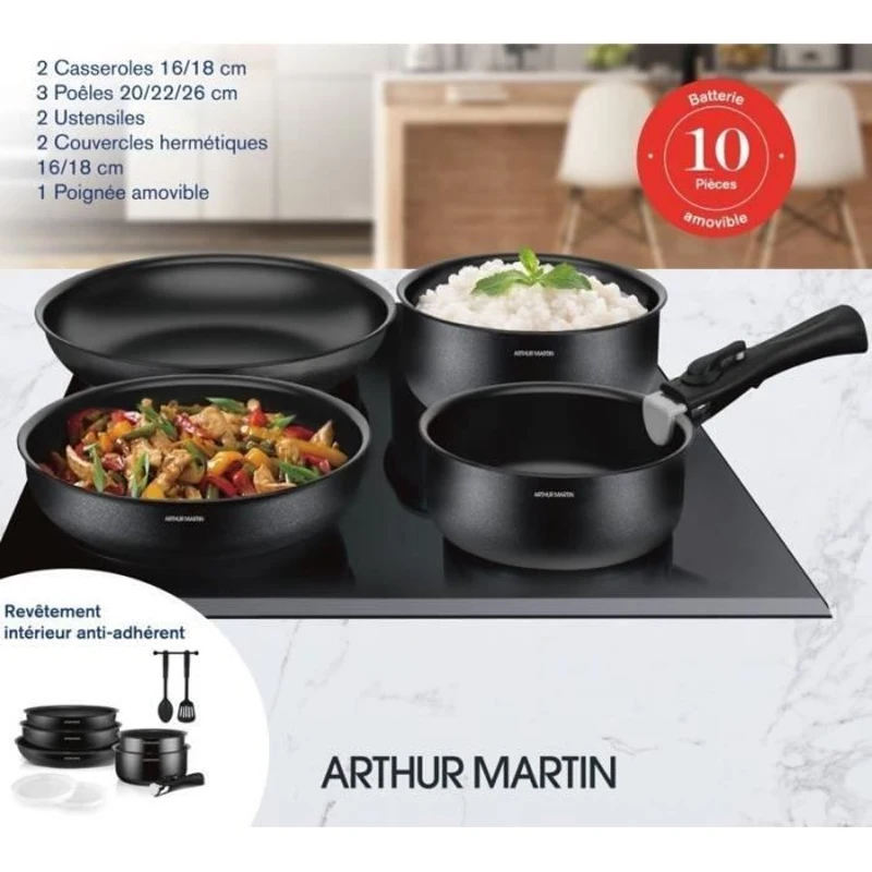 Batterie de cuisine 10 pieces Arthur Martin - Aluminium - Tous feux sauf induction - Noir