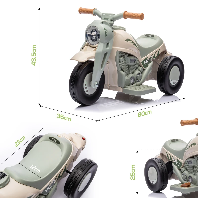 AIYAPLAY Moto Elétrica Infantil 2-5 Anos 3 Rodas 6V Bolhas Luzes e Sons 80x36x43,5 cm Creme e Verde