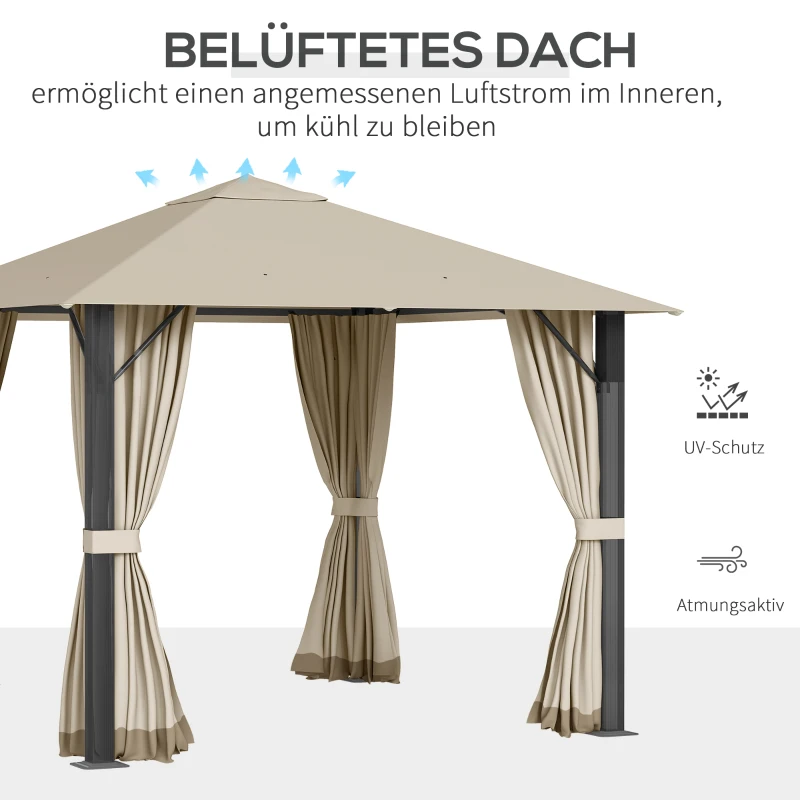 Outsunny Gartenpavillon Pavillon 3 x 3 m Gartenzelt Dach mit Belüftungslöcher Festzelt Partyzelt mit 4 x Seitenteile wetterfest Aluminium Polyester khaki