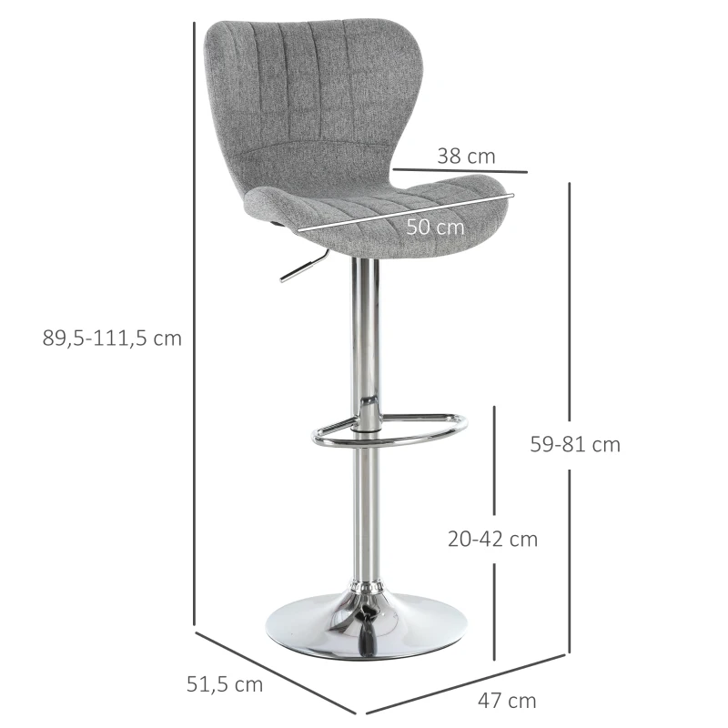 HOMCOM Conjunto de 2 Bancos de Bar Altura Do Assento Ajustável de 59-81 cm Giratória a 360° 47x51,5x(89,5-111,5) cm Cinza