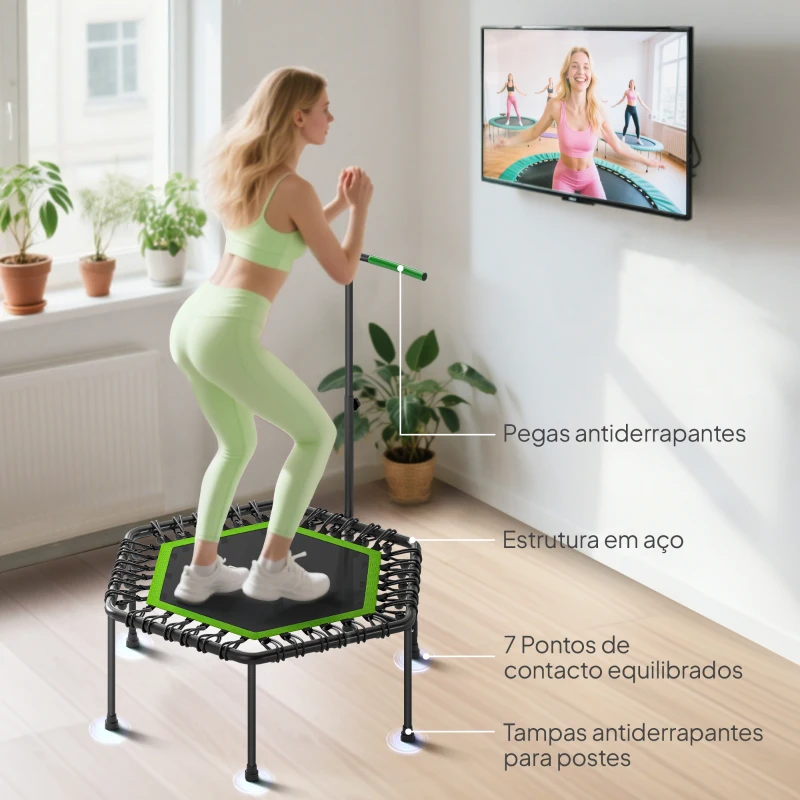 SPORTNOW Trampolim Fitness 114x114x132 cm com Guiador Ajustável em 3 Níveis Estrutura de Aço para Treino de Perna Corpo Verde
