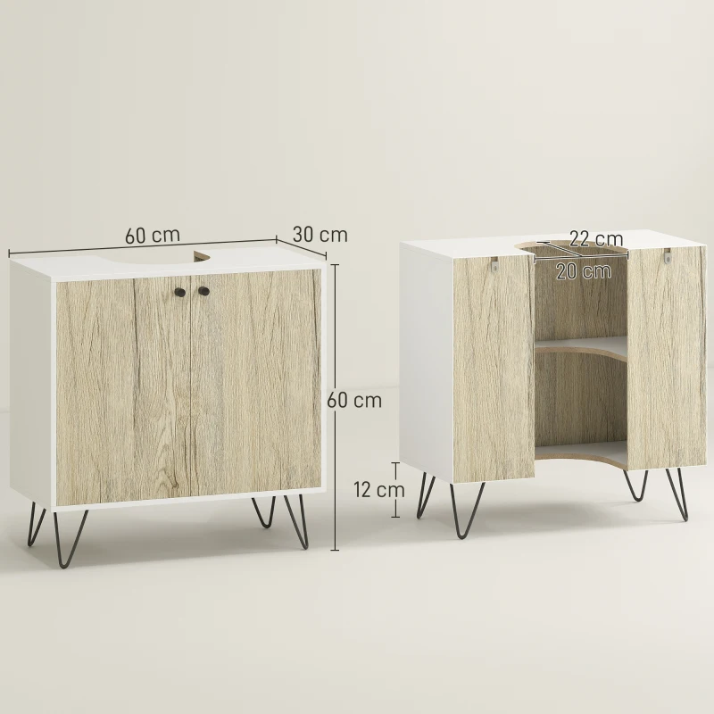 kleankin Mobile sottolavabo, con 2 ante, piedi in acciaio, 60 x 30 x 60 cm, Bianco e legno naturale