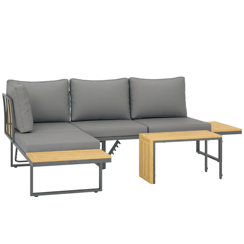 Outsunny Conjunto de Móveis de Jardim Modular em Madeira de Acácia 6 Lugares Conjunto de Jardim de Canto com Mesa Cinza