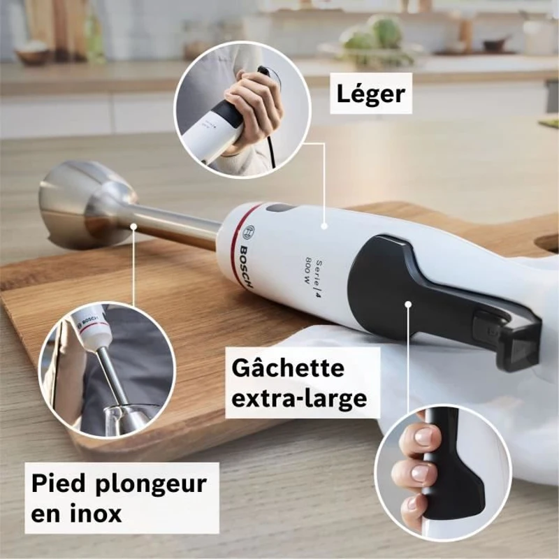 Mixeur plongeant - BOSCH - MSM4W221 - 600 W - 4 lames aiguiseés - Bol mélangeur - Mini hachoir - Fouet - Engrenage céramique