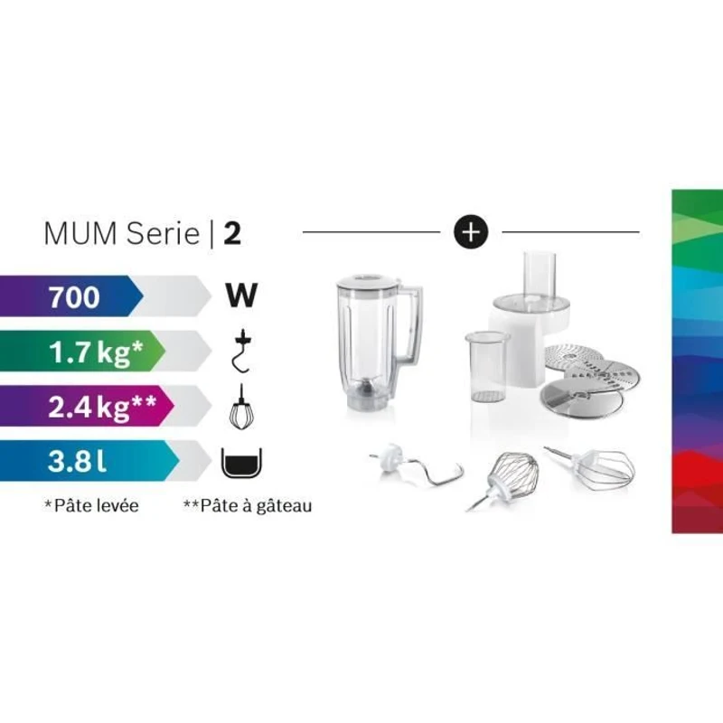 Robot multifonction compact - BOSCH MUMS2EW20 - Bol inox - 3 disques - blender 1,25L - Kit pâtisserie inclus - blanc