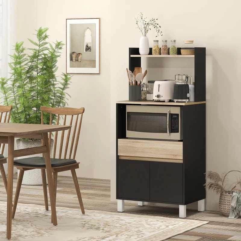HOMCOM Móvel para Micro-Ondas com Armário e Gaveta 60x40x131 cm Carvalho e Preto