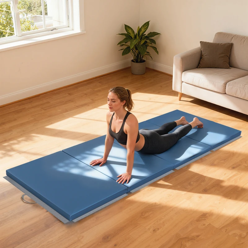 HOMCOM Tapete de Ginástica Yoga Pilates Fitness Dobrável em 4 com Alças Revestimento Sintético 240x120x5 cm Azul Claro