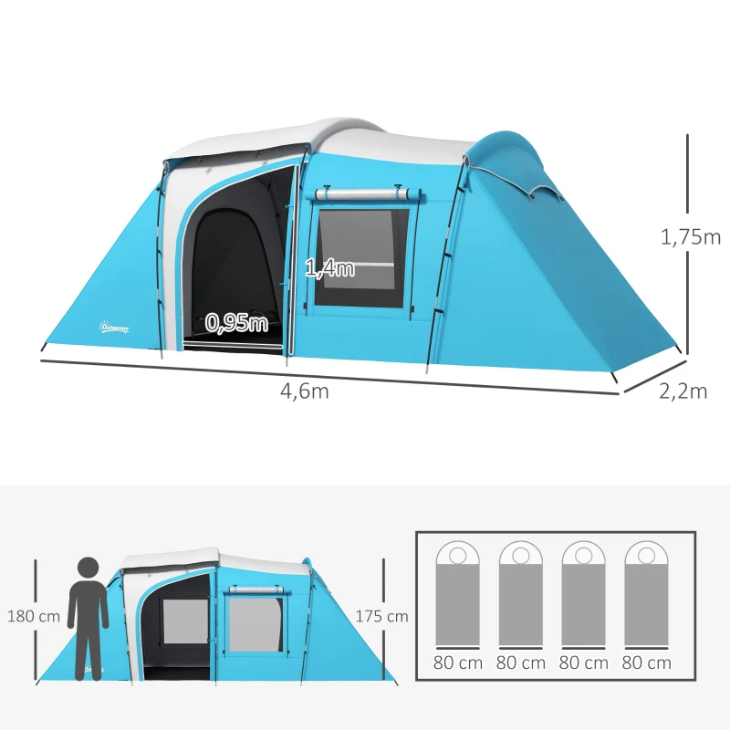Outsunny Tenda de Campismo Familiar 3-4 Pessoas 2 Quartos 4 Portas e 4 Janelas Bolsa de Transporte Dim. 460Lx220lx175H cm