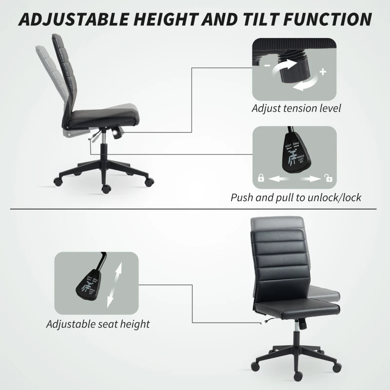 Scaun de birou ergonomic și ajustabil HOMCOM cu spătar curbat, din piele PU și oțel, 58x53x97-107 cm, Negru