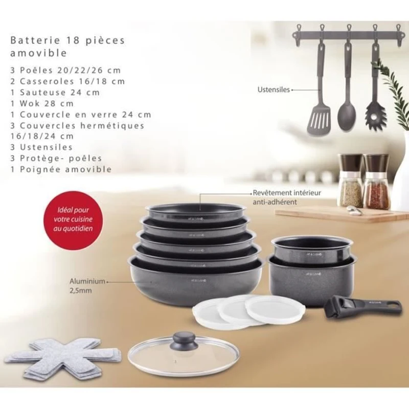 Batterie de cuisine - Tous feux dont induction - ART & CUISINE - AC1824 - Aluminium - 18 pieces - Anti-adhérent - Poignée amovible