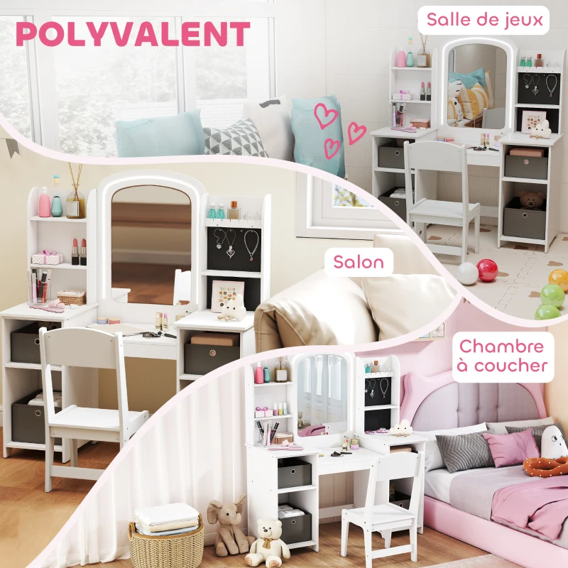AIYAPLAY Penteadeira Infantil com Banquinho e Espelho LED 104x40x112 cm Branca