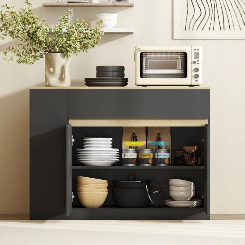 HOMCOM Aparador 110x29,5x82 cm 2 Portas Gaveta Dividida e 3 Prateleiras Abertas Preto