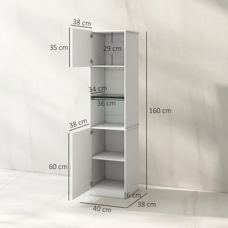 HOMCOM Coluna de Casa de Banho com 2 Portas Prateleiras Ajustáveis 40x38x160 cm Branco