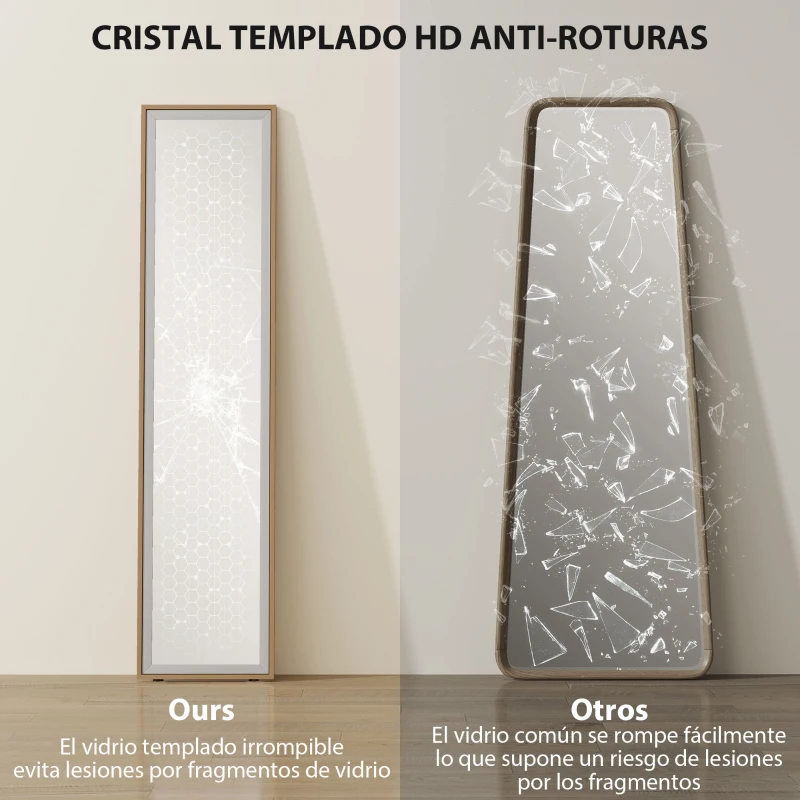 HOMCOM Espejo de Pie Cuerpo Entero con Marco de MDF Espejo de Pared Rectangular con 2 Formas de Uso 37x4x157 cm Plateado y Natural