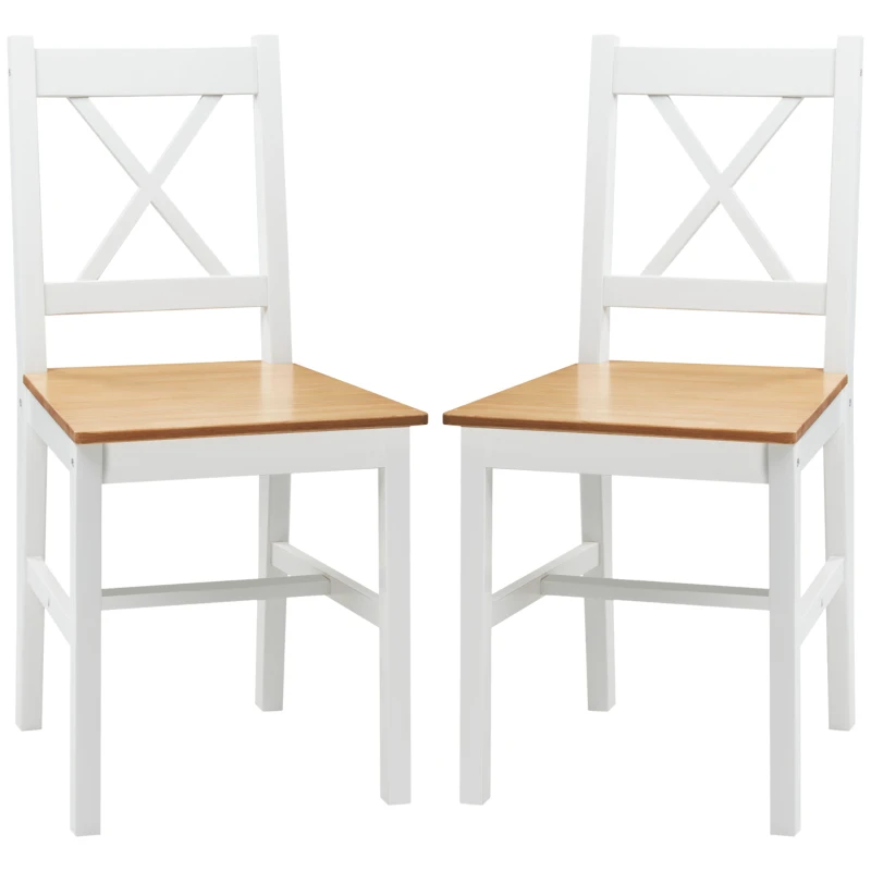 HOMCOM Conjunto de 2 Cadeiras de Jantar em Pinho Maciço Encosto Cruzado 41x46,5x86 cm Branco e Madeira