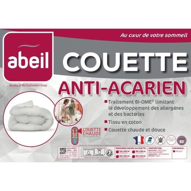 Couette anti-acariens - 220 x 240 cm - Chaude - 400 g/m² 2 personnes - Blanc - ABEIL